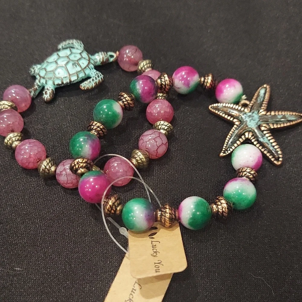 NWT Gemstone Bracelet Set with Turtle and Starfish Charms - Picture 3 of 6